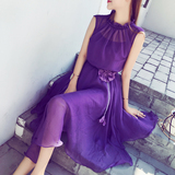 紫色雪纺连衣裙夏女中长款2016新款淑女无袖不规则韩版系腰带裙子