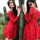2016秋季新款长袖女装红色大码蕾丝蓬蓬连衣裙高腰显瘦礼服公主裙