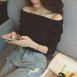 2016秋季新款女装韩版上衣修身显瘦弹力长袖一字领针织衫短款毛衣