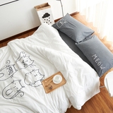 水洗棉麻全棉四件套被床单床笠式全棉床上用品刺绣简约北欧小猫
