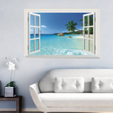 立体墙贴 美景沙滩3D假窗户海景墙贴画 客厅卧室装饰可移墙贴包邮