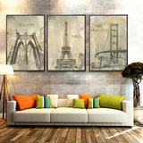 复古埃菲尔铁塔金门大桥建筑风景画现代客厅装饰画餐厅无框画挂画