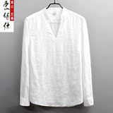 春季男士亚麻衬衫中国风男装长袖白色寸衣立领宽松棉麻料男式衬衣
