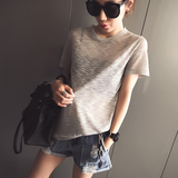 2016夏装新款女装韩版个性开叉宽松超薄款透视针织罩衫短袖T恤潮