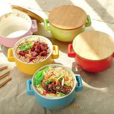 包邮日式简约陶瓷泡面碗双耳带盖沙拉碗微波炉饭碗创意可爱餐具碗