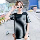 韩国条纹短袖女装T恤夏季薄款中长款通勤针织体恤日系简约打底衫