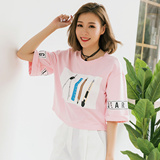 2016夏季女装韩版印花中袖t恤女宽松落肩五分袖上衣纯棉短款粉色
