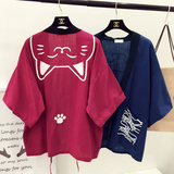 包邮 夏季原宿风日本和风外套招财猫印花日式浴衣棉麻和服开衫女