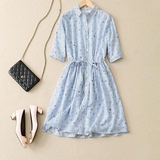 2016夏季新款女百搭蓝白条纹POLO领系带丝棉衬衫式连衣裙中裙外贸