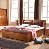 现代中式实木床 高箱储物床 虎皮斑橡木床 真皮靠双人床 2米大床