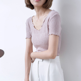 2016夏新韩版纯色简约气质V领显瘦木耳边短袖T恤薄款针织衫女套头