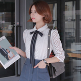 韩国代购正品babirolen夏季新款甜美淑女气质系带蕾丝袖衬衫Aug07