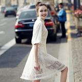 白色蕾丝连衣裙中长款欧美名媛早秋夏季欧洲站刺绣新款雪纺女装
