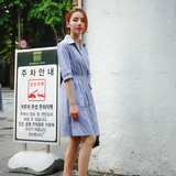 Ashy Snow自制 韩风清新蓝白条纹设计感腰间绑带一片式衬衫连衣裙