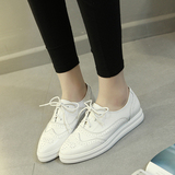 韩版真皮尖头厚底小白鞋系带布洛克鞋 内增高中跟白色平底女单鞋