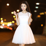 2016夏季新款韩版修身甜美公主裙白色网纱蓬蓬裙无袖背心连衣裙仙