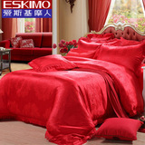 爱斯基摩人婚庆四件套大红色蕾丝1.8m床结婚床上用品欧式贡缎提花