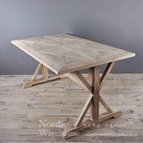 美式/法式乡村家具 橡木做旧拼花桌面 交叉米字腿餐桌/个性办公桌