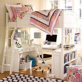 韩式欧式白色田园实木带书桌书柜储物高架床高层床定做儿童家具