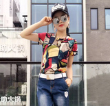 2016夏新款女装纯棉短袖tT恤韩版时尚拼撞色大码花上衣修身显瘦潮