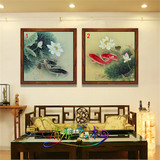 新中式双联荷花年年有余鲤鱼油画客厅餐厅别墅沙发背景墙画装饰画