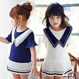 韩国童装女童学院风连衣裙2016夏装新款韩版荷叶袖几何形儿童裙子