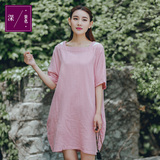出口日本2016新款棉纱全棉女装粉色纯色中袖连衣裙长裙外贸剪标