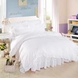 四件套床裙式床上用品全棉床单纯色花边被套纯白色酒店宾馆4件套