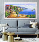 高档客厅大横幅山水海景有框装饰画欧式古典风景纯手绘地中海油画
