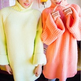 韩国代购秋冬季韩版新款套头高领毛衣中长款女装喇叭袖宽松打底衫