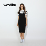 Westlink西遇2016春季新款 字母织带针织直筒包臀中长款女背带裙