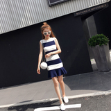夏季新款2016韩版修身荷叶边宽横条纹无袖针织包臀连衣裙鱼尾裙女