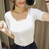 2016夏韩版半袖纯色五分袖t恤女纯棉圆领打底衫修身短款中袖上衣