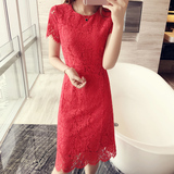 2016夏季新款镂空蕾丝红色连衣裙拼接中长款短袖睫毛蕾丝礼服裙子