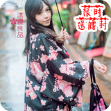 樱花猫浴衣上衣 日式和服长袖宽松羽织外套 日系软萌和风印花开衫