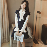早秋季女装新款韩版学院风围巾领长袖连衣裙拼接假两件小清新裙子