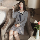 秋季女装新款韩版学院风条纹针织连衣裙修身长袖小清新荷叶摆裙子
