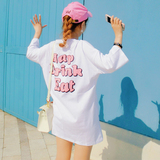 韩版女装甜美字母印花中长款t恤女宽松显瘦中袖包臀学院风t恤裙夏