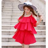 度假风韩版夏装压褶大红色荷叶边吊带露肩雪纺连衣裙优雅两件套裙
