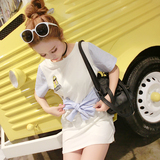 韩版夏装新款学院风条纹印花连衣裙甜美小清新假两件套时尚t恤裙