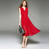 夏季欧美高端大牌两件套大红色V领无袖真丝连衣裙女 桑蚕丝中裙