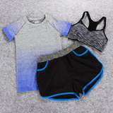 夏季健身房运动瑜伽服三件套装女子速干文胸跑步短裤段染渐变T恤