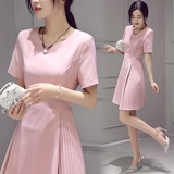 【天天特价】2016夏韩版修身A字裙显瘦中裙气质粉色短袖连衣裙