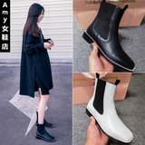 韩版秋冬新款真皮靴子白色方头短靴粗跟平底黑色马丁靴牛皮女单靴