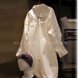 韩国代购16春装新品长袖后背蕾丝镂空中长款衬衣裙宽松修身白衬衫