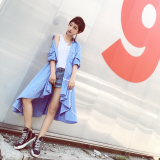 折SH Studios 原创定制欧美夏季中长款丝带蓝白条纹衬衫裙女