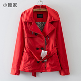 W088韩国单 春装新款正红双排扣修身系带女装长袖风衣外套