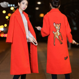 2016秋冬新款韩国小鹿刺绣羊毛呢外套女中长款修身显瘦呢子大衣潮