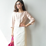 XZ57淡粉色重磅真丝羊毛修腰短款小外套女式西装上衣圆领春夏新款