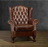 欧式复古油蜡皮老虎椅 法式单人椅 美式复古做旧高背沙发椅可定制